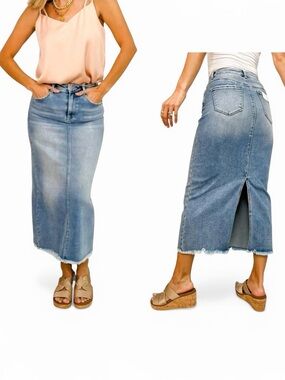 RISEN High-rise Frayed Long Denim Pencil Skirt Medium Wash